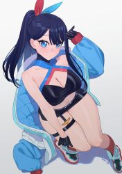 Rule 34 | 1girl, beijuu, black gloves, blue eyes, blue hair, blue jacket, breasts, cleavage, closed mouth, from above, gloves, gridman universe, highres, jacket, japanese clothes, large breasts, long hair, long sleeves, official alternate costume, ponytail, shoes, simple background, sitting, sneakers, solo, ssss.gridman, takarada rikka, takarada rikka (solarain toys), thick thighs, thighs