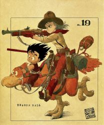 Rule 34 | 1boy, 1girl, aiming, animal, belt, bird, black border, black eyes, black hair, blanket, boots, border, brown footwear, brown gloves, brown headwear, brown pants, bulma, canteen, closed mouth, commentary, copyright name, cowboy boots, cowboy hat, cowboy western, dougi, dragon ball, dragon ball (classic), english commentary, eyelashes, feathers, fingernails, floating hair, frown, full body, gloves, gun, handgun, happy, hat, high heel boots, high heels, highres, holding, holding gun, holding reins, holding weapon, knee boots, looking afar, martial arts belt, messy hair, neckerchief, official art, outside border, pants, pistol, red neckerchief, reins, riding, riding bird, running, saddle, sepia, sepia background, serious, shaded face, shadow, shirt, shotgun, simple background, sleeves rolled up, smile, son goku, standing, standing on one leg, straight hair, suspenders, toriyama akira, watermark, weapon, white shirt, wristband