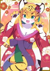 Rule 34 | 1girl, :d, animal ears, blonde hair, blush, breasts, chinese zodiac, claw pose, claws, cleavage, fang, female focus, floral print, flower, furry, furry female, green eyes, hair flower, hair ornament, highres, japanese clothes, kemoribon, kimono, obi, open mouth, original, pawpads, print kimono, sash, smile, solo, tail, tiger ears, tiger girl, tiger tail, year of the tiger
