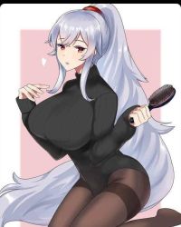Rule 34 | artist request, azur lane, breasts, brush, graf zeppelin (azur lane), jpeg artifacts, large breasts, leggings, ponytail, solo, source request, sweater
