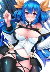 Rule 34 | 1girl, angel wings, asymmetrical wings, bare shoulders, belt, black panties, black thighhighs, blue hair, blush, breasts, cleavage, detached collar, dizzy (guilty gear), gluteal fold, guilty gear, guilty gear xrd, hair between eyes, hair ornament, hair ribbon, highres, large breasts, long hair, looking at viewer, midriff, monster girl, navel, panties, red eyes, ribbon, sidelocks, simple background, solo, stomach, sukesan, tail, thick thighs, thigh strap, thighhighs, thighs, twintails, underwear, white background, wings, yellow ribbon