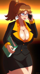 Rule 34 | 1girl, beg4cake, blue eyes, book, breasts, brown hair, cellphone, cleavage, earrings, flower earrings, glasses, highres, holding, holding book, jewelry, large breasts, mario (series), nintendo, pencil skirt, phone, ponytail, princess daisy, skirt, solo, super mario land, talking, thighs