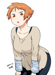 Rule 34 | 1girl, :o, blue pants, blush, breasts, cleavage, cowboy shot, dated, grey shirt, large breasts, leaning forward, light blush, long sleeves, looking at viewer, orange hair, original, pants, parted lips, red eyes, shirt, short hair, signature, simple background, solo, standing, tsukudani (coke-buta), tsurime-chan, white background