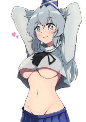 Rule 34 | 1girl, adapted costume, arms behind head, blue hat, breasts, bright pupils, closed mouth, cowboy shot, grey eyes, grey hair, groin, gurajio, hat, heart, highres, long hair, long sleeves, looking at viewer, medium breasts, mononobe no futo, navel, no bra, pleated skirt, pom pom (clothes), ponytail, simple background, skirt, smile, solo, standing, tate eboshi, touhou, underboob, white background, white pupils