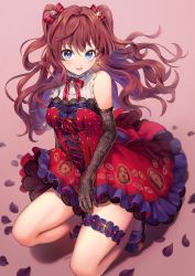 Rule 34 | 1girl, :p, black gloves, blue eyes, blush, bow, breasts, bridal garter, brooch, brown hair, collar, dress, earrings, elbow gloves, frilled collar, frills, full body, gloves, hair between eyes, hair bow, high heels, highres, ichinose shiki, idolmaster, idolmaster cinderella girls, jewelry, lace trim, long hair, looking at viewer, medium breasts, petals, purple footwear, red dress, red ribbon, ribbon, simple background, sleeveless, smile, solo, squatting, striped, striped bow, suimin kote, tongue, tongue out, two side up, wavy hair
