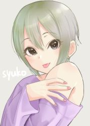 Rule 34 | 1girl, :p, bare shoulders, black eyes, character name, earrings, ginnote, grey background, grey hair, hair between eyes, hand on own arm, idolmaster, idolmaster cinderella girls, jewelry, looking at viewer, nail polish, off shoulder, pink nails, purple shirt, shiomi syuko, shirt, short hair, simple background, smile, solo, stud earrings, tongue, tongue out, upper body
