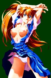Rule 34 | 1girl, arms behind head, arms up, artist name, blue eyes, breasts, breasts out, clothes lift, female focus, green background, highres, kobayashi yuji, long hair, neon genesis evangelion, nipples, no bra, open clothes, open mouth, open shirt, panties, parted lips, school uniform, seductive gaze, signature, simple background, skirt, skirt lift, solo, souryuu asuka langley, thighs, underwear, white panties