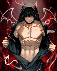 Rule 34 | 1boy, abs, black background, black hair, collarbone, goth fashion, graffiti, highres, laovaan, male focus, muscular, muscular male, open clothes, original, pectorals, solo, yellow eyes