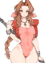 Rule 34 | 1girl, aerith gainsborough, bow, braid, braided ponytail, brown hair, choker, cropped jacket, dress, final fantasy, final fantasy vii, final fantasy vii remake, flower choker, full body, fumio (rsqkr), green eyes, hair bow, highres, holding, holding staff, jacket, leotard, looking at viewer, metal staff, open clothes, open jacket, pink leotard, red jacket, short sleeves, sidelocks, simple background, solo, staff, standing, white background