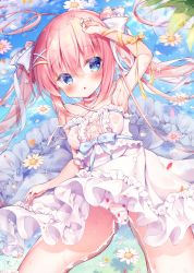 Rule 34 | arm up, armpits, bare shoulders, blue eyes, blush, breasts, chestnut mouth, commentary request, criss-cross halter, dress, flower, food print, frilled dress, frills, fuxiyu, hair between eyes, halterneck, highres, medium breasts, moe2022, original, panties, parted lips, petals, pink flower, pink hair, print panties, ripples, see-through, strawberry panties, strawberry print, twintails, underwear, water, wet, wet clothes, wet dress, white dress, white flower, white panties