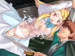 Rule 34 | 1boy, 1girl, alice soft, blonde hair, blush, breasts, brown eyes, dress, game cg, imminent rape, min-naraken, nipples, open mouth, panties, rance, rance (series), rance vi, sword, torn clothes, underwear, weapon