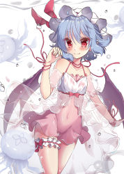 Rule 34 | 1girl, ahoge, babydoll, bare shoulders, bat wings, beni kurage, blue hair, blush, bridal garter, closed eyes, collarbone, commentary request, covered navel, cowboy shot, detached sleeves, fang, fang out, frills, hair between eyes, halterneck, hand up, hat, highres, jellyfish, looking at viewer, mob cap, nail polish, nightgown, pink nails, pink ribbon, pointy ears, purple wings, raised fist, red eyes, remilia scarlet, ribbon, see-through, short hair, smile, solo, thigh gap, thighs, touhou, underwater, underwear, underwear only, white background, white hat, wings, wristband