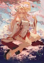 Rule 34 | 1girl, animal ears, artist name, bare legs, black footwear, blue sky, blush, breasts, cherry blossoms, chinese commentary, commentary, dappled sunlight, detached sleeves, earrings, floral print, flower knot, fox ears, fox shadow puppet, full body, genshin impact, geta, hair between eyes, headpiece, japanese clothes, jewelry, jianli, long hair, looking at viewer, medium breasts, miko, miniskirt, necklace, parted lips, pink hair, purple eyes, red skirt, shirt, sitting, skirt, sky, smile, solo, sunlight, tassel, thighs, toes, tree, watermark, white shirt, yae miko