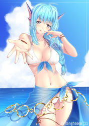 Rule 34 | 1girl, bare shoulders, bikini, black eyes, blue hair, blush, braid, breasts, cleavage, cloud, contrapposto, day, emil chronicle online, fins, foreshortening, front-tie top, hair over shoulder, halterneck, head fins, highres, large breasts, leg ribbon, lintanghaseo, long hair, looking at viewer, nail polish, navel, ocean, outstretched hand, parted lips, ribbon, rorona, sarong, shiny skin, single braid, skindentation, sky, solo, sparkle, standing, strap gap, swimsuit, thigh ribbon, underboob, white bikini