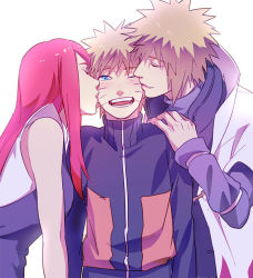 Rule 34 | 1girl, 2boys, alternate universe, blonde hair, blue eyes, closed eyes, family, father and son, husband and wife, i (kaiyou), kiss, kissing cheek, long hair, mother and son, multiple boys, namikaze minato, naruto, naruto (series), one eye closed, red hair, sandwiched, short hair, spiked hair, uzumaki kushina, uzumaki naruto, very long hair
