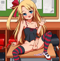 Rule 34 | 1futa, arm support, backpack, bag, bar censor, bare arms, bare shoulders, blonde hair, blue eyes, blush, bottomless, bow, breasts, censored, classroom, collarbone, desk, erection, futanari, hair bow, hair ornament, kevin.g.tuck, legs, long hair, looking at viewer, nipple slip, nipples, no bra, off shoulder, on table, open mouth, panties, panties around leg, penis, pointless censoring, randoseru, ribbon, school, school desk, shoes, sitting, small breasts, solo, spread legs, spread toes, strap slip, striped clothes, striped thighhighs, table, tank top, teeth, testicles, thighhighs, thighs, toes, tongue, underwear
