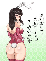 Rule 34 | 1girl, animal ears, ass, back, black beat, blush, breasts, brown hair, elbow gloves, fake animal ears, from behind, gloves, hairband, large breasts, lips, long hair, looking back, new year, original, playboy bunny, rabbit ears, rabbit tail, red eyes, solo, tail, thighhighs, translated, wrist cuffs, zipper
