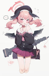 Rule 34 | 1girl, @ @, absurdres, bag, beret, black bag, black hat, black wings, blue archive, blush, commentary, feathered wings, flying sweatdrops, grey background, halo, hat, head wings, highres, koharu (blue archive), long hair, long sleeves, looking at viewer, measho, mini wings, neckerchief, off shoulder, parted lips, pink eyes, pink hair, pink neckerchief, purple skirt, sailor collar, school uniform, serafuku, simple background, skirt, snail, solo, spoken blush, sweat, tears, twintails, white sailor collar, wings