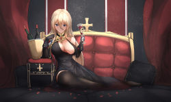 Rule 34 | 1girl, absurdres, aiguillette, alcohol, azur lane, bed, bismarck (azur lane), bismarck (beacon of the iron blood) (azur lane), bismarck (beacon of the iron blood) (azur lane), black dress, black gloves, black thighhighs, blonde hair, blue eyes, bottle, breasts, bucket, cleavage, commentary request, copyright name, cross, cup, curtains, dress, drinking glass, dust, earrings, epaulettes, fingerless gloves, gloves, hair between eyes, highres, holding, holding cup, ice, ice cube, indoors, iron cross, jewelry, large breasts, long hair, looking at viewer, neckwear request, on bed, petals, pillow, single earring, sitting, smile, solo, thighhighs, wine, wine bottle, wine glass, yusha m