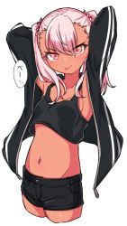 Rule 34 | 1girl, armpits, arms behind head, arms up, bare shoulders, black jacket, black shorts, black tank top, blush, breasts, chawan (yultutari), chloe von einzbern, closed mouth, collarbone, crop top, dark-skinned female, dark skin, fate/kaleid liner prisma illya, fate (series), highres, jacket, long hair, looking at viewer, midriff, navel, open clothes, open jacket, orange eyes, pink hair, revision, shorts, simple background, small breasts, smile, speech bubble, tank top, thighs, tongue, tongue out, translation request, twintails, white background