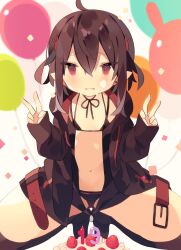 Rule 34 | 1girl, ahoge, balloon, bikini, bikini under clothes, birthday cake, black bikini, black jacket, black thighhighs, blush, brown hair, cake, cameltoe, confetti, double v, earrings, food, food on face, hair between eyes, hair ornament, highres, hood, hood down, hooded jacket, jacket, jewelry, long sleeves, mimo lm, navel, no shoes, original, parted lips, pointy ears, puffy long sleeves, puffy sleeves, rabbit hair ornament, red eyes, sleeves past wrists, solo, squatting, stud earrings, swimsuit, thighhighs, tiptoes, translation request, v