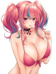 Rule 34 | 1girl, :p, absurdres, azur lane, bare shoulders, bikini, bikini tug, black choker, blue hair, blush, breasts, bremerton (azur lane), choker, cleavage, collarbone, commentary, ear piercing, front-tie bikini top, front-tie top, hair between eyes, hair intakes, hand up, highres, large breasts, lifebuoy ornament, long hair, looking at viewer, midriff, mole, mole on breast, mole under eye, multicolored hair, nail polish, nameko houshi, navel, navel piercing, piercing, pink bikini, pink eyes, pink hair, pink nails, sidelocks, simple background, smile, solo, streaked hair, swimsuit, tongue, tongue out, twintails, two-tone hair, underboob, upper body, white background