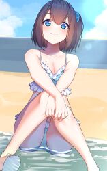 Rule 34 | 1girl, bare arms, bare legs, bare shoulders, beach, bikini, black hair, blue bikini, blue eyes, blue scrunchie, blue sky, breasts, cleavage, closed mouth, cloud, commentary request, day, frilled bikini, frills, hair between eyes, hair ornament, hair scrunchie, highres, knees together feet apart, knees up, looking at viewer, medium breasts, one side up, original, outdoors, sand, scrunchie, sky, smile, solo, suzunari shizuku, swimsuit, water, yuki arare