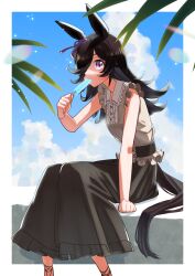 Rule 34 | 1girl, absurdres, alternate costume, animal ears, black hair, black skirt, feet out of frame, food, food in mouth, freely2327, frilled shirt, frills, from side, hair over one eye, hair ribbon, highres, holding, holding food, holding popsicle, horse ears, horse girl, horse tail, long hair, looking at viewer, popsicle, popsicle in mouth, purple eyes, purple ribbon, ribbon, rice shower (umamusume), shirt, sitting, skirt, sleeveless, sleeveless shirt, solo, tail, umamusume