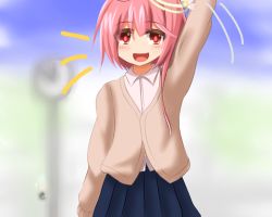 Rule 34 | 10s, 1girl, alternate costume, arm up, clock, hair ornament, i-58 (kancolle), kantai collection, no nose, open mouth, pink hair, pleated skirt, red eyes, samidare (damepo-p), short hair, skirt, smile, solo