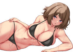 Rule 34 | 1girl, aged up, alternate breast size, bikini, black bikini, blue eyes, breasts, brown hair, creatures (company), curvy, game freak, highres, large breasts, light blush, looking at viewer, lying, medium hair, navel, nintendo, on back, on side, open mouth, pokemon, pokemon (anime), pokemon xy (anime), serena (pokemon), simple background, skindentation, solo, swept bangs, swimsuit, takecha, wet