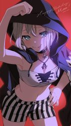 Rule 34 | 1girl, :q, absurdres, aoba moca, arm up, armpits, bandeau, bang dream!, black choker, black jacket, blue eyes, breasts, buttons, character name, choker, cleavage, closed mouth, collarbone, commentary, cowboy shot, cross-laced clothes, dated, drawstring, gradient background, grey hair, hair between eyes, hand on own head, hand on own hip, happy birthday, highres, hood, hood up, hooded jacket, jacket, jacket on shoulders, jewelry, light blush, looking at viewer, medium breasts, navel, necklace, nobusawa osamu, official alternate costume, pendant, pendant choker, pocket, raised eyebrows, red background, shade, short hair, short shorts, shorts, solo, standing, stomach, striped clothes, striped shorts, tongue, tongue out, white bandeau