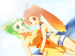 Rule 34 | 2girls, ahoge, alternate hairstyle, bad id, bad pixiv id, beach, bikini, bow, breast press, breasts, cleavage, cloud, day, dutch angle, flat chest, glasses, gradient hair, green eyes, green hair, gumi, large breasts, multicolored hair, multiple girls, ocean, open mouth, oumi sanaka, outdoors, ponytail, red eyes, red hair, sf-a2 miki, sky, smile, swimsuit, vocaloid