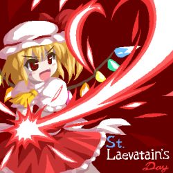 Rule 34 | 1girl, :d, blonde hair, blush stickers, deeptake (artist), dress, english text, fang, female focus, flandre scarlet, fukaiton, hat, hat ribbon, lowres, mob cap, oekaki, open mouth, pixel art, red background, red eyes, red theme, ribbon, side ponytail, smile, solo, touhou, translated, wings