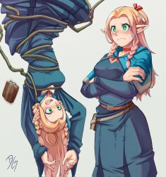 Rule 34 | 1girl, arms up, belt, blonde hair, blue capelet, blue dress, blush, book, book holster, braid, breasts, capelet, choker, cleavage, closed mouth, commentary, cowboy shot, crossed arms, dilan griz, dress, dropping, dungeon meshi, elf, french braid, furrowed brow, green eyes, grey background, hair ribbon, hair rings, hanging, highres, hood, hood down, hooded capelet, long hair, long sleeves, looking ahead, marcille donato, medium breasts, motion blur, multiple braids, multiple views, nose blush, open mouth, parted bangs, plant, pointy ears, red ribbon, restrained, ribbon, side braid, signature, simple background, sweat, tentacles, upside-down, vines