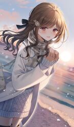 Rule 34 | 1girl, bag, black bow, blue sky, blush, bow, brown hair, coat, commentary request, cowboy shot, dress, dutch angle, flower, grey dress, grey scarf, hair flower, hair ornament, handbag, highres, jewelry, long sleeves, looking at viewer, medium hair, myusha, ocean, open mouth, original, outdoors, red eyes, ring, sand, scarf, sky, sleeves past wrists, smile, solo, sun, sweater, sweater dress, visible air, warming hands, wedding ring, white coat, winter