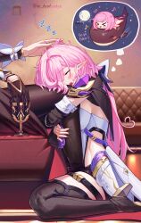 Rule 34 | 2girls, absurdres, artist name, black gloves, black thighhighs, blush, breasts, closed eyes, couch, cup, detached sleeves, dreaming, dyadyadya, eden (honkai impact), elysia (honkai impact), elysia (miss pink elf) (honkai impact), gloves, headpat, highres, holding, holding cup, honkai (series), honkai impact 3rd, hugging another&#039;s leg, medium breasts, medium hair, multiple girls, on couch, open mouth, pink hair, pointy ears, sideboob, single glove, sitting, sleeping, spoken zzz, thighhighs, thighs, twitter username, wariza, yuri, zzz