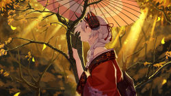 Rule 34 | 1girl, bare shoulders, baseness, braid, fate/grand order, fate (series), floral print, forest, fox mask, from side, hair between eyes, hair over shoulder, hand up, highres, holding, holding umbrella, japanese clothes, kimono, long hair, looking up, mask, nature, obi, off shoulder, oil-paper umbrella, outdoors, petals, red eyes, red kimono, sash, silver hair, single braid, solo, tomoe gozen (fate), tomoe gozen (merely red) (fate), tree, umbrella, upper body, wide sleeves
