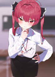 Rule 34 | 1girl, absurdres, black skirt, blush, breasts, brown eyes, cleavage, collared shirt, commentary, hand on own chin, heterochromia, highres, hololive, houshou marine, id card, leaning forward, looking down, medium breasts, office lady, pomesaurus, red eyes, red hair, shirt, skirt, solo, symbol-only commentary, twintails, virtual youtuber