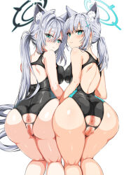Rule 34 | 2girls, ahoge, all fours, animal ear fluff, animal ears, anus, ass, ass focus, back, bare shoulders, black one-piece swimsuit, blue archive, blue eyes, blue halo, blush, breast press, breasts, broken halo, cameltoe, censored, clothing cutout, competition swimsuit, cross, cross hair ornament, crotch cutout, crotchless, extra ears, from behind, grey hair, hair ornament, halo, highres, inverted cross, kneepits, kojima saya, long hair, looking at viewer, looking back, low ponytail, medium breasts, medium hair, mismatched pupils, multicolored clothes, multicolored swimsuit, multiple girls, official alternate costume, one-piece swimsuit, pussy, pussy cutout, shiroko (blue archive), shiroko (swimsuit) (blue archive), shiroko terror (blue archive), simple background, smile, swimsuit, take your pick, two-tone swimsuit, very long hair, white background, wolf ears