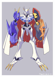 Rule 34 | blue eyes, cape, character name, dated, digimon, digimon (creature), futa yuri ryona, highres, horns, looking at viewer, mecha, no humans, omegamon, red cape, robot, shield, simple background, spikes, white cape
