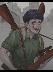 Rule 34 | 1boy, backpack, bag, black hair, blood, blood on face, brown bag, commentary, crazy eyes, crazy smile, english commentary, fear &amp; hunger, fear &amp; hunger 2: termina, green jumpsuit, gun, gun on back, gun sling, highres, holding, holding gun, holding weapon, jumpsuit, levi (fear &amp; hunger), looking at viewer, male focus, open mouth, rifle, scope, short hair, smile, sniper rifle, solo, upper body, weapon, weapon on back, zizonsniper