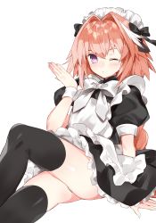Rule 34 | 1boy, absurdres, alternate costume, apron, astolfo (fate), bad id, bad pixiv id, black dress, black ribbon, black thighhighs, blowing kiss, blush, bow, bowtie, commentary request, crossdressing, dress, enmaided, fate/grand order, fate (series), hair intakes, hair ribbon, hasegawa (rarairairai), highres, looking at viewer, maid, maid apron, maid headdress, male focus, multicolored hair, official alternate costume, one eye closed, panties, panty peek, pink hair, puffy short sleeves, puffy sleeves, purple eyes, ribbon, short sleeves, simple background, sitting, solo, streaked hair, thighhighs, trap, underwear, white apron, white background, white bow, white bowtie