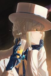 Rule 34 | 1girl, artist name, black background, blue brooch, blue gloves, blue shirt, champagne flute, closed mouth, collared shirt, commentary, cup, drinking glass, expressionless, freckles, gloves, grey eyes, grey hair, hair bun, hat, hat feather, highres, holding, jacket, ling (chaaaaanhikari), long sleeves, reverse:1999, shirt, single side bun, solo, top hat, upper body, vertin (reverse:1999), white hat, white jacket