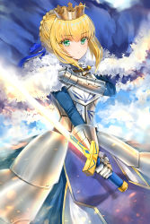 Rule 34 | 1girl, absurdres, ahoge, armor, armored dress, artoria pendragon (all), artoria pendragon (fate), blonde hair, blue cape, cape, commentary request, dress, excalibur (fate/stay night), fate/grand order, fate/stay night, fate (series), fur trim, green eyes, hair ribbon, highres, holding, holding sword, holding weapon, long arms, looking at viewer, ribbon, saber (fate), short hair, solo, sword, weapon, yukineko1018