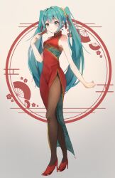 Rule 34 | 1girl, aqua eyes, aqua hair, bare shoulders, bodystocking, china dress, chinese clothes, clothing cutout, commentary request, covered navel, cross-laced clothes, cross-laced dress, dress, floral print, folding fan, hand fan, hatsune miku, high heels, highres, holding, holding fan, long hair, red dress, red footwear, red ribbon, ribbon, solo, standing, suiren nei, twintails, underboob cutout, vocaloid
