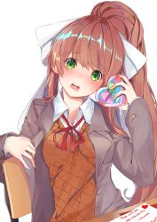 Rule 34 | 1girl, absurdres, arm rest, artist name, blazer, blouse, blush, bow, box, breasts, brown hair, chair, collared shirt, commentary, d:, desk, doki doki literature club, embarrassed, gift, gift box, green eyes, hair bow, hand up, head tilt, heart, heart-shaped box, highres, holding, holding gift, jacket, letter, long hair, long sleeves, looking at viewer, medium breasts, monika (doki doki literature club), neck ribbon, nose blush, open mouth, ponytail, red ribbon, ribbon, school desk, school uniform, shirt, sidelocks, simple background, sitting, solo, thighhighs, upper body, valentine, vest, white background, white shirt, wing collar, xhunzei