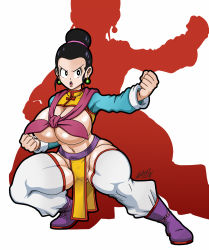 Rule 34 | 1girl, :o, black hair, breasts, breasts out, chi-chi (dragon ball), clothes, dragon ball, dragonball z, ear piercing, female focus, fighting stance, hair bun, huge breasts, large breasts, loincloth, long hair, looking at viewer, no panties, open mouth, partially undressed, piercing, revealing clothes, serious, simple background, solo, tagme, topless, vlaimk