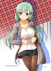 Rule 34 | 1girl, absurdres, alternate costume, aqua eyes, aqua hair, black shorts, blush, breasts, brown pantyhose, casual, character name, closed mouth, collarbone, collared jacket, cowboy shot, eyebrows, eyes visible through hair, grey jacket, hair between eyes, hair ornament, hairclip, hand on own stomach, highres, interlocked fingers, jacket, kantai collection, large breasts, long hair, looking at viewer, low twintails, non-web source, open clothes, open jacket, pantyhose, pantyhose under shorts, plaid, plaid background, shiny skin, shirt, shorts, sidelocks, smile, solo, striped, striped background, suzuya (kancolle), twintails, very long hair, white shirt, yua (checkmate)