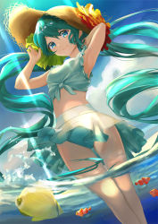 Rule 34 | 1girl, adjusting clothes, adjusting headwear, animal, aqua hair, armpits, arms up, bad id, bad pixiv id, bare arms, bare legs, bare shoulders, bikini, blue bikini, blue eyes, blue sky, breasts, cloud, cloudy sky, clownfish, curly hair, day, dutch angle, feet out of frame, fish, flower, frilled bikini, frilled swimsuit, frills, front-tie bikini top, front-tie top, green bikini, green flower, hair between eyes, happy, hat, hatsune miku, legs together, light rays, light smile, long hair, looking at viewer, no navel, orange flower, outdoors, parted bangs, partially submerged, partially underwater shot, sky, small breasts, smile, solo, straw hat, submerged, sun hat, sunlight, swimsuit, tamamushi, thigh gap, twintails, underwater, very long hair, vocaloid, wading, water