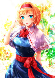 Rule 34 | 1girl, alice margatroid, blonde hair, blue dress, blue eyes, blush, bow, bowtie, breasts, capelet, commentary request, cowboy shot, dress, hairband, hand up, highres, large breasts, lolita hairband, looking at viewer, mayonaka taruho, open mouth, red bow, red bowtie, red hairband, red sash, sash, short hair, solo, standing, touhou, white capelet